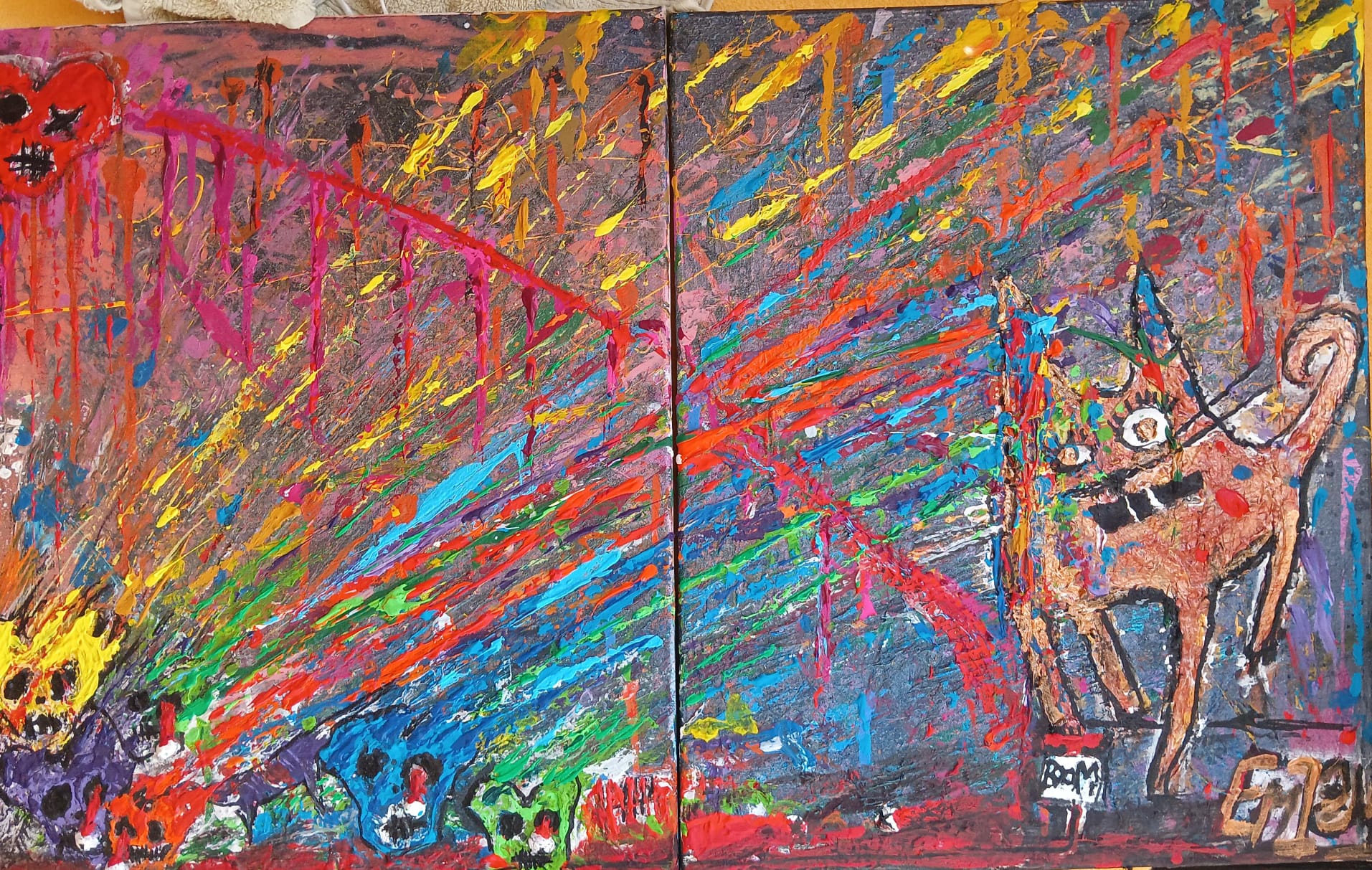 Bestie a lebky — barevná expresivní malba BOOM, diptych